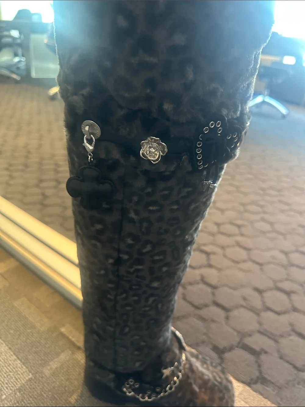 CROCS s Black Leopard Faux-Fur Tall Boots with Silver Charms